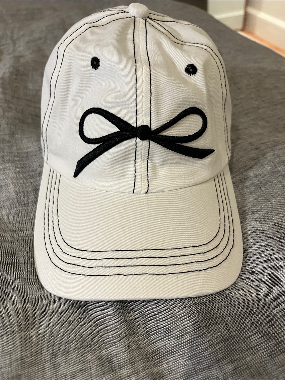 Urban Outfitters Stitched Bow Baseball Hat White Black Adjustable